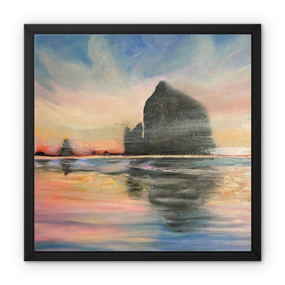 Sunset at Haystack Rock Framed Canvas