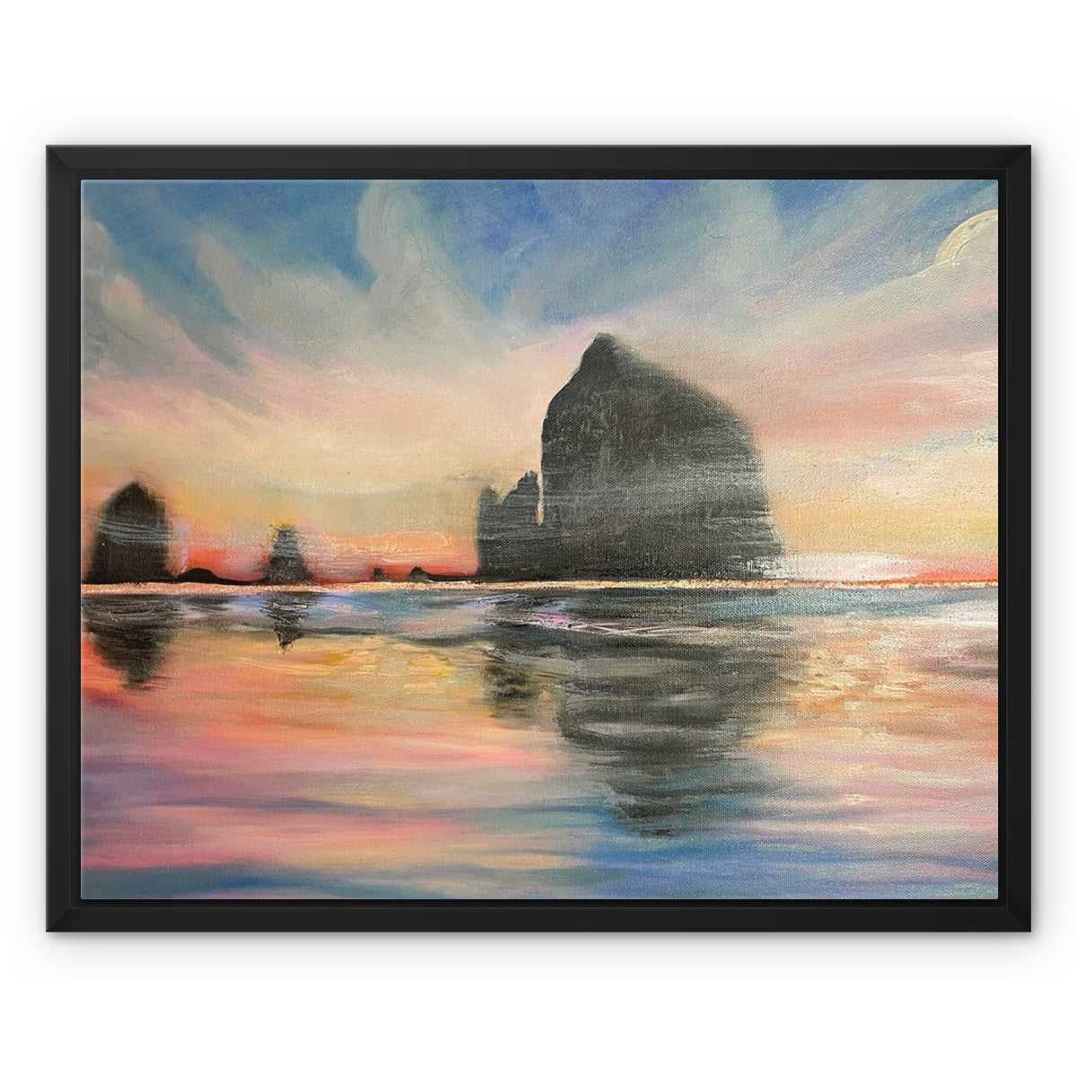 Sunset at Haystack Rock Framed Canvas