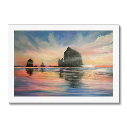 Sunset at Haystack Rock Framed Print