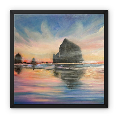 Sunset at Haystack Rock Framed Canvas